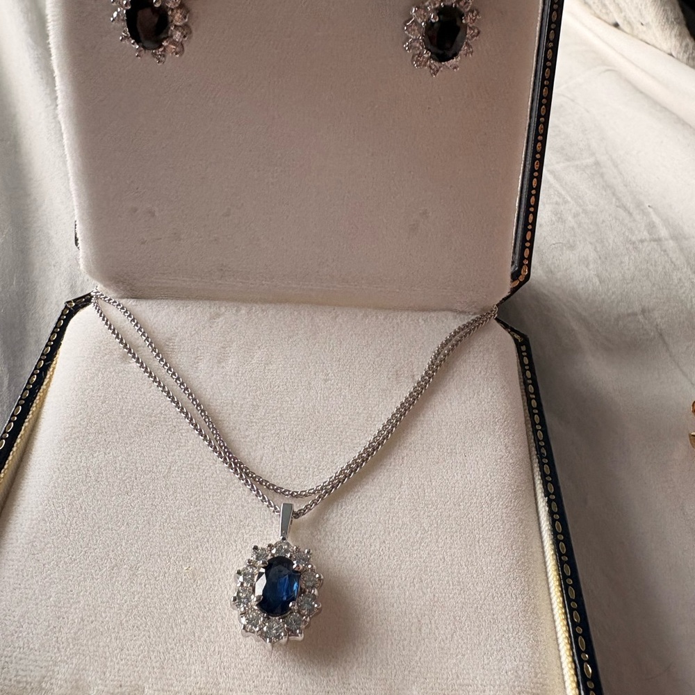 3 piece Sapphire Color Halo Pendant Necklace, earrings and ring. - Picture 2 of 7